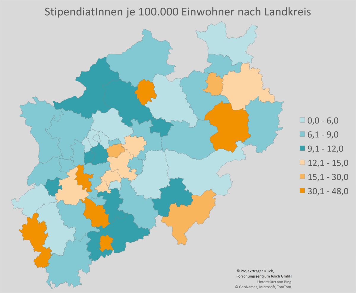 Verteilung der Gründerstipendiat*innen in NRW je 100.000 Einwohner nach Landkreisen 